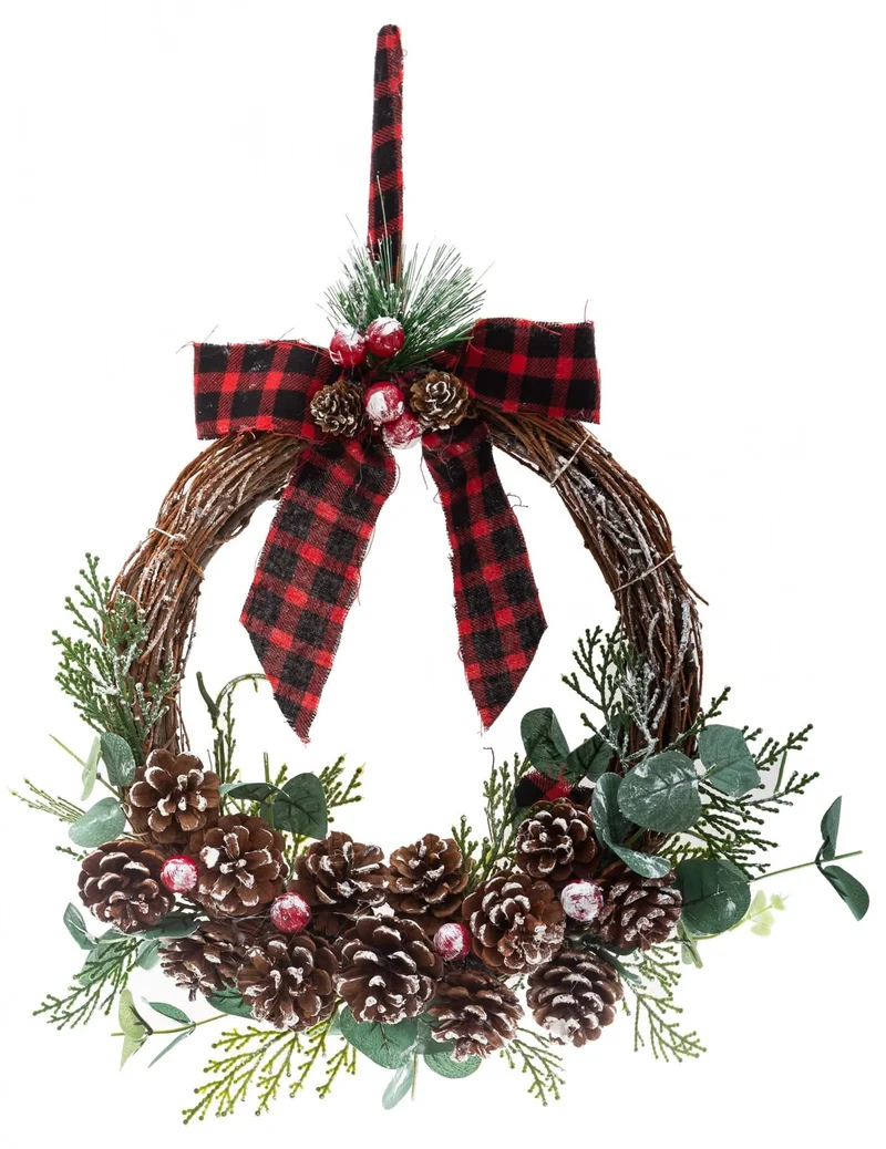Kranz zum Aufhängen, Tartan-Schleife und Tannenzapfen, 40 cm, Eukalyptus und Beeren