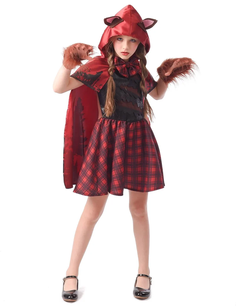 Werwolf Rotkäppchen-Kostüm für Mädchen Halloweenkostüm rot-schwarz