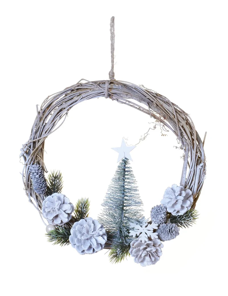Weihnachtskranz zum Aufhängen, Tanne und gefrostete Kiefernzapfen, 28 cm, Natur & Polar