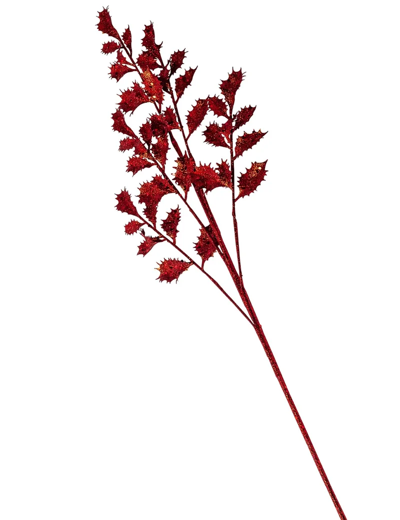 Roter Glitzer-Stechpalmenzweig 70 cm für Weihnachten