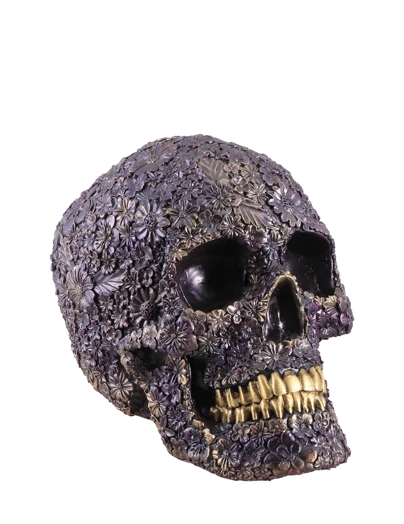 Lila geblümter Totenkopf aus Harz, 22 cm