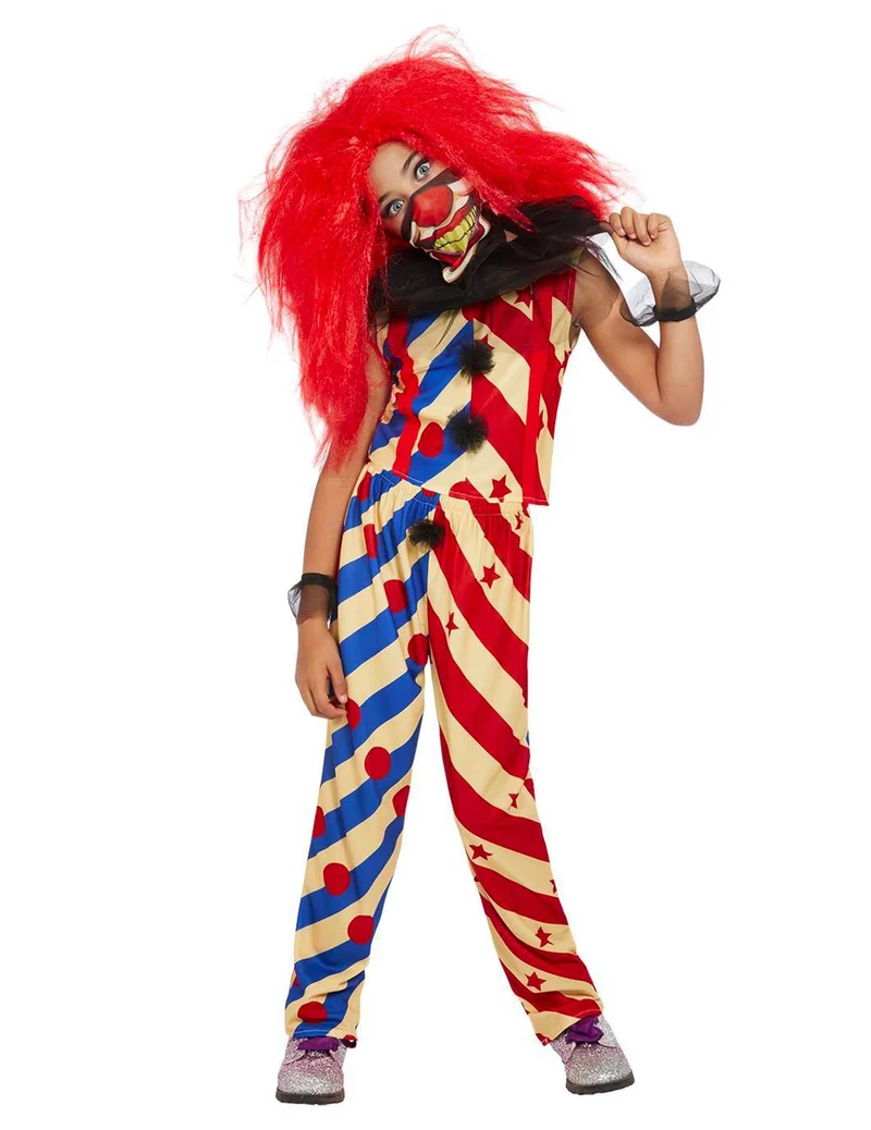 Horrorclown für Mädchen Halloween-Verkleidung rot-blau-beige