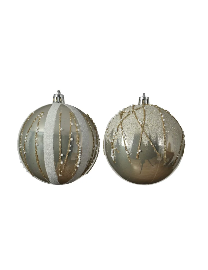 4 Weihnachtsbaumkugeln Glitzer Weiß und Gold 8 cm Chic und Perlen