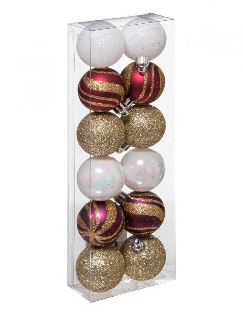 12 Mini-Weihnachtskugeln, rot, weiß und gold, 4 cm, glänzend und glitzernd