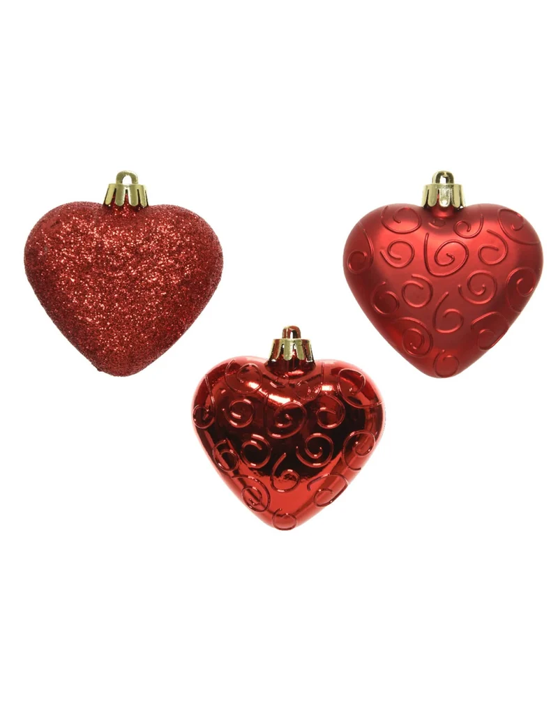 6 rote Herz-Anhänger für den Weihnachtsbaum, 7,5 cm, matt, glänzend und glitzernd