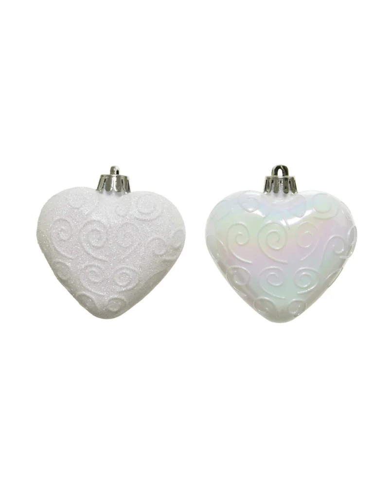 6 weiße Herz-Baumschmuck 6 cm, irisierend glitzernd