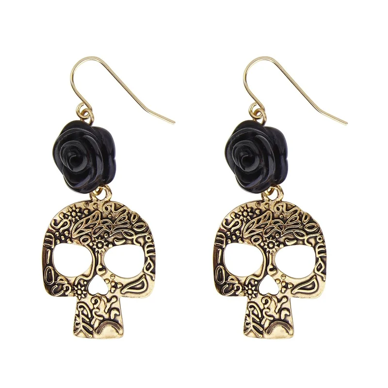 Halloween Ohrringe Gold Schwarzer Totenkopf