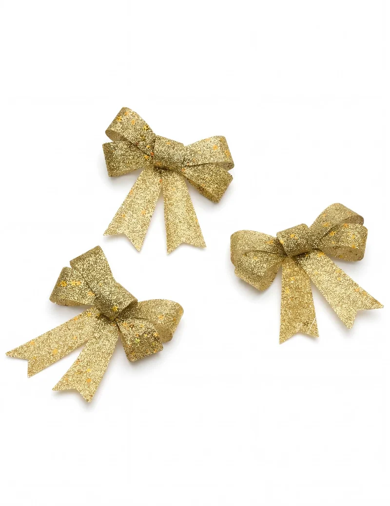 3 goldene Glitzerschleifen 10 x 13 cm