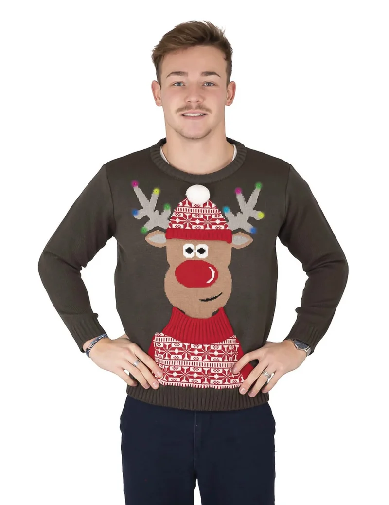 Rentier-Pullover für Erwachsene Weihnachts-Pullover mit Musik grün-braun-rot