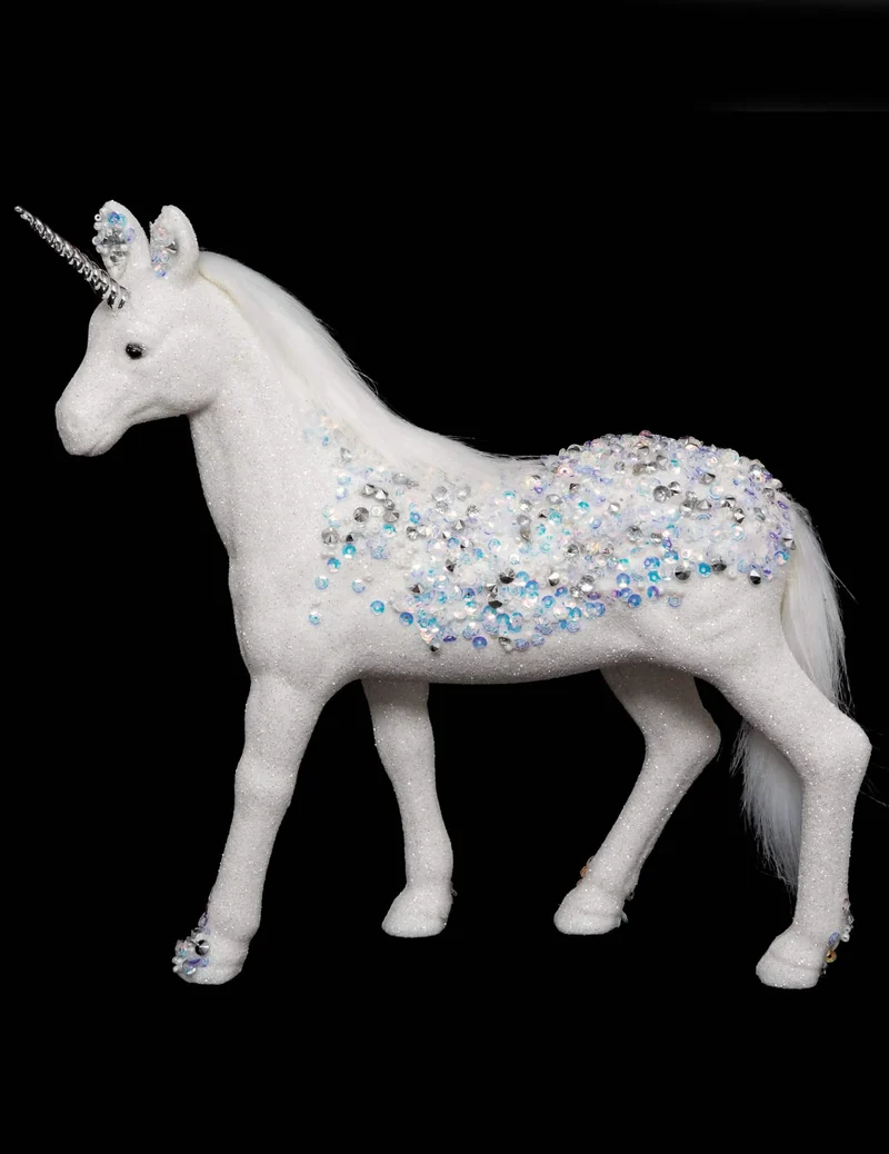 Weiße Einhorn-Dekoration mit blauen und silbernen Strasssteinen 25 cm