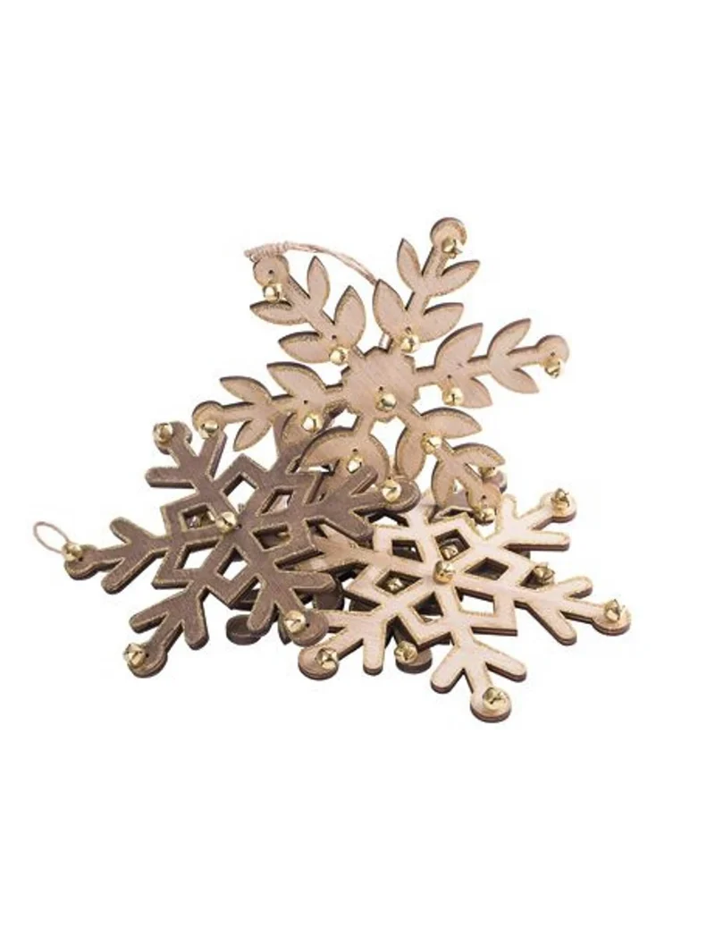 4 Holzschneeflocken Glitzer und goldene Glöckchen 18 cm Weihnachtsdekoration