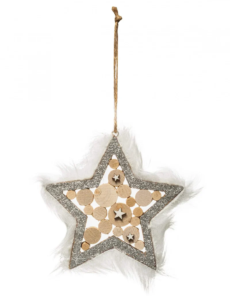Stern-Hängeornament aus Holz und Silberfell 12 cm für den Weihnachtsbaum