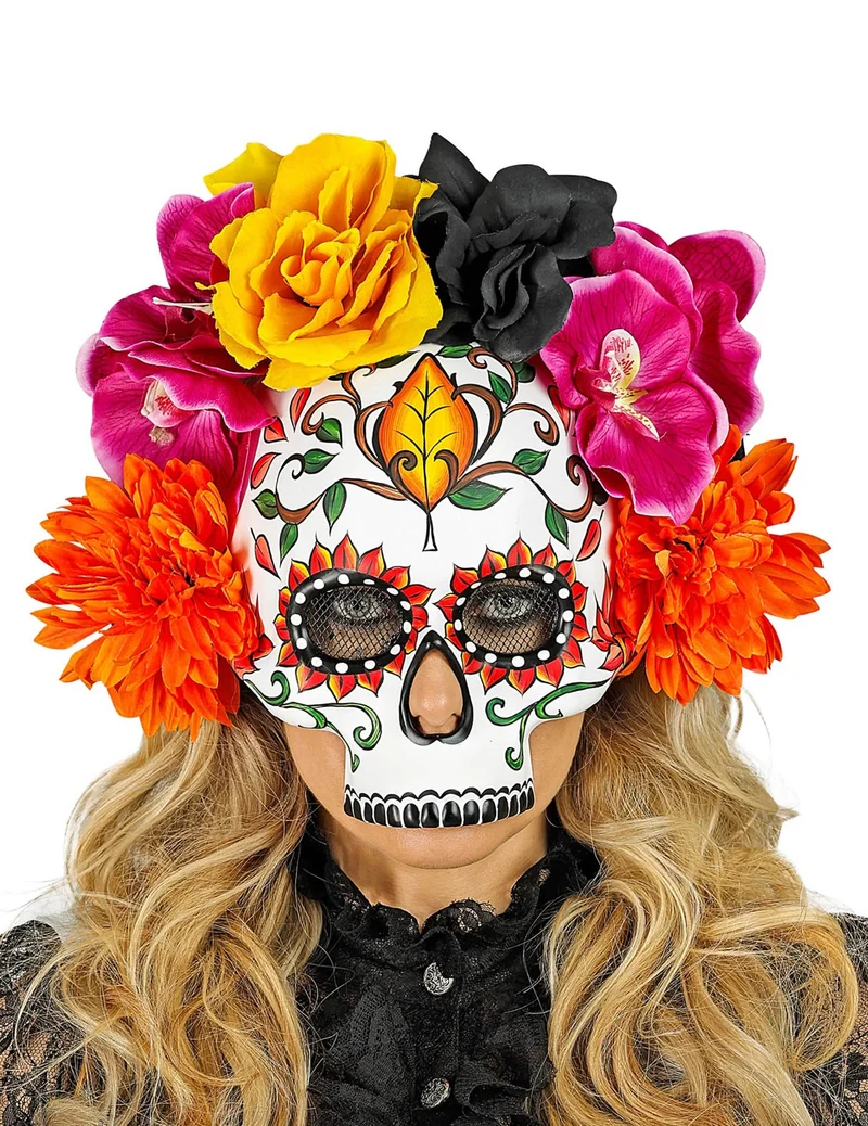 Halbmaske Totenkopf mit bunten Blumen für Erwachsene