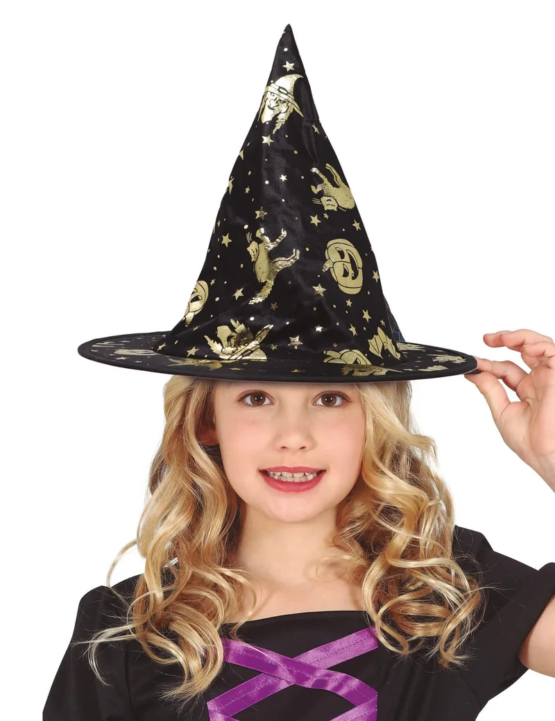 Schwarz-goldener Hexenhut für Kinder