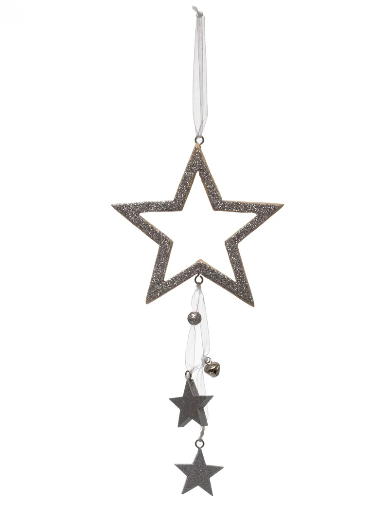 Hängende Sternendekoration Silber 24 cm mit Glitzer und Schellen