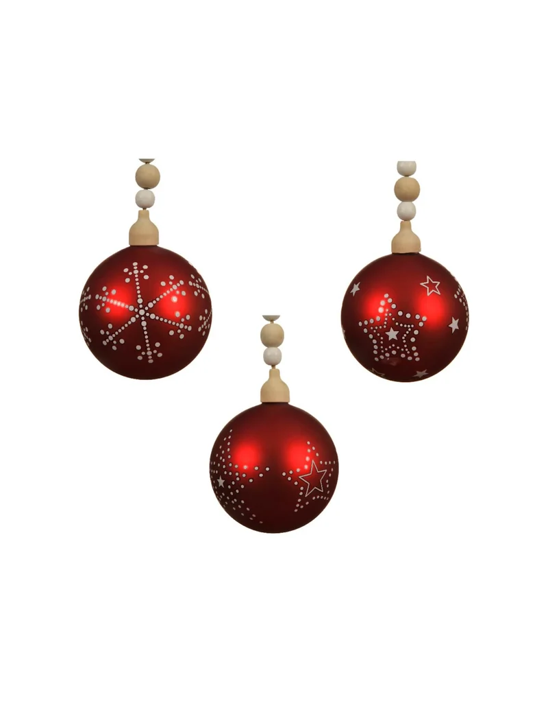 Rote Weihnachtsglaskugel 8 cm mit Motiven und Perlen