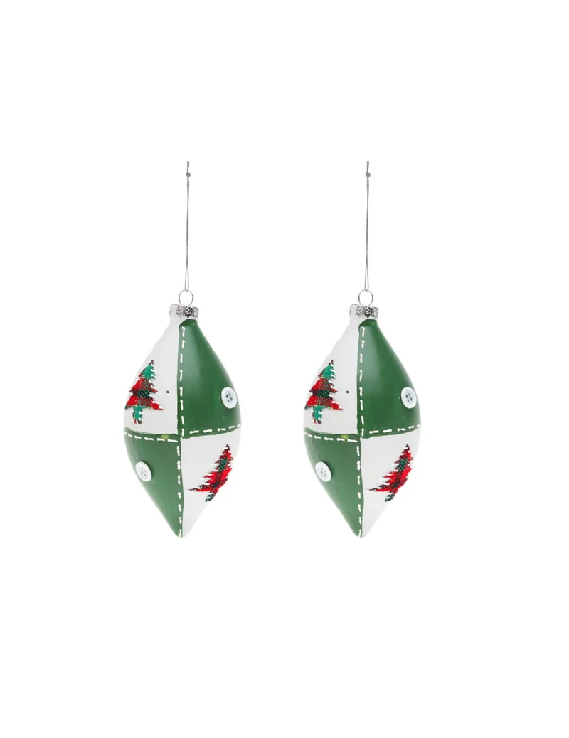 2 weiße und grüne Glastropfenkugeln 13 cm mit Tannenmotiv
