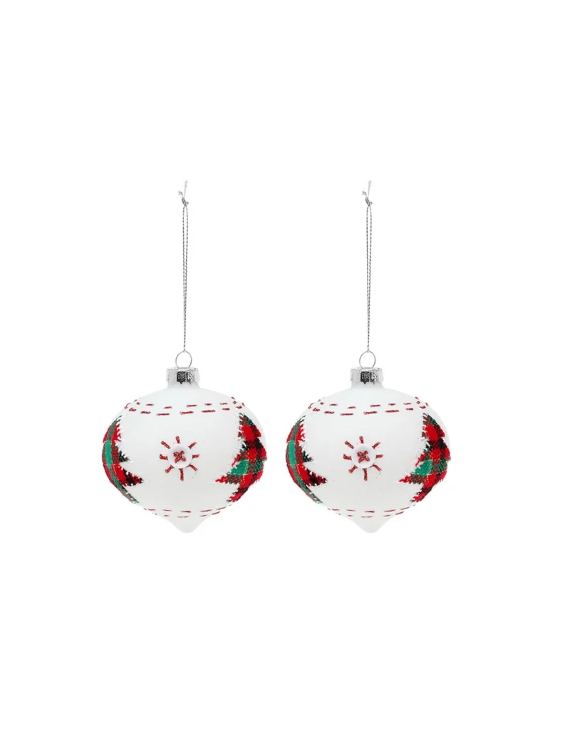 2 weiße Glas-Weihnachtskugeln mit Tannenbäumen 8 cm, Weihnachtsdekoration