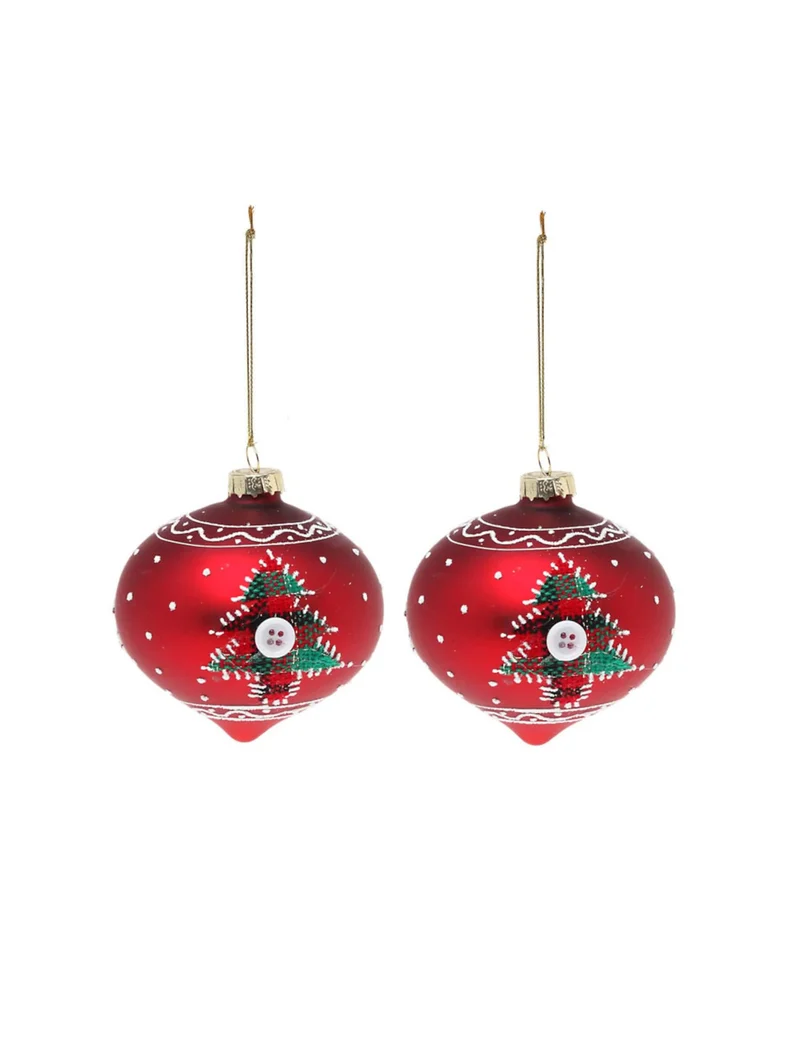 2 rote Glas-Weihnachtskugeln mit Tannenbäumen, 8 cm Durchmesser