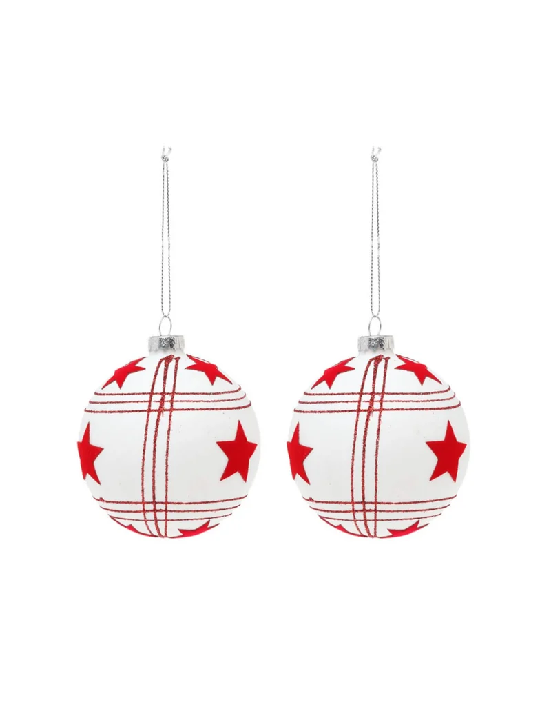 2 weiße Glas Christbaumkugeln mit roten Sternen 8 cm für den Weihnachtsbaum