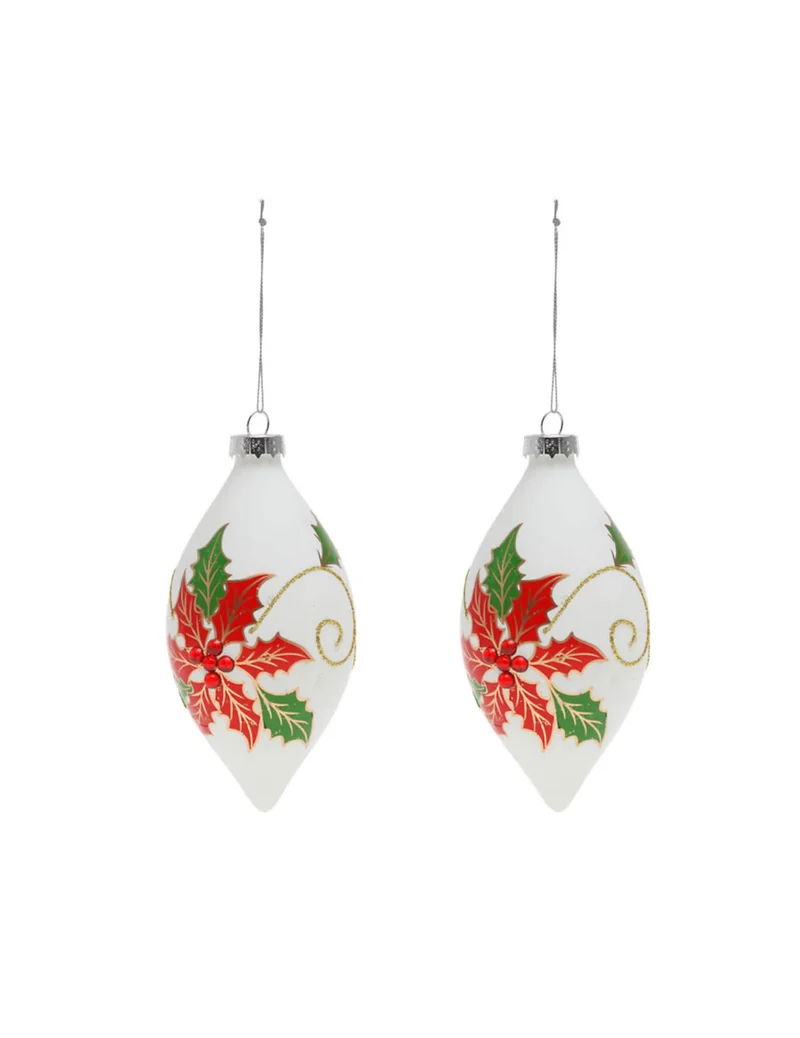 2 weiße Glastropfen-Kugeln mit Stechpalme 13 cm Christbaumschmuck