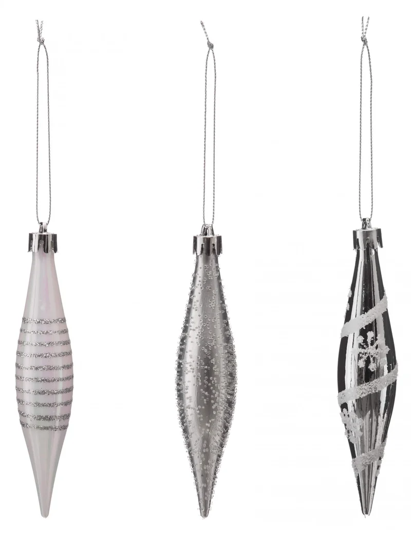 3 silberne, glitzernde Eiszapfen-Anhänger, 15 cm, für den Weihnachtsbaum