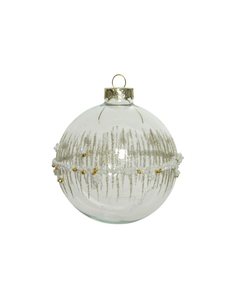 3 transparente Weihnachtsbaumkugeln aus Glas mit goldenem Glitzer 8 cm und Perlen
