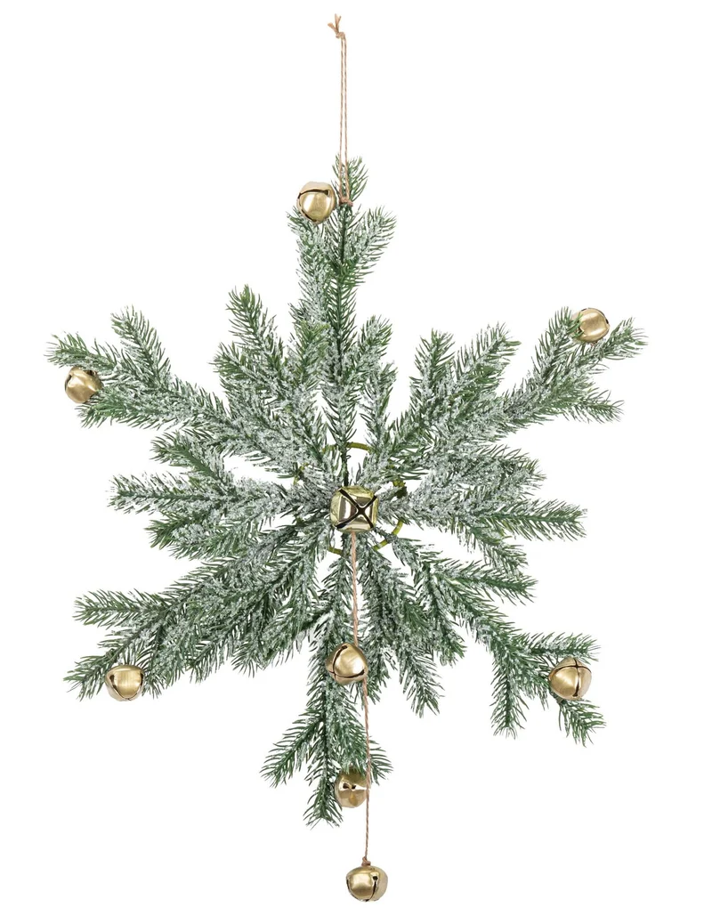 Schneeflocken-Aufhänger mit Tannenzweigen und goldenen Glöckchen 48 cm