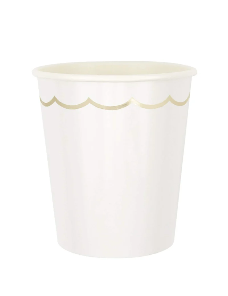 8 Pappbecher mit Wellenrand weiß und gold 200ml