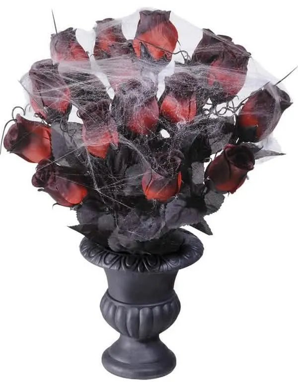 Gotische Deko Vase mit Rosen und Spinnweben in schwarz