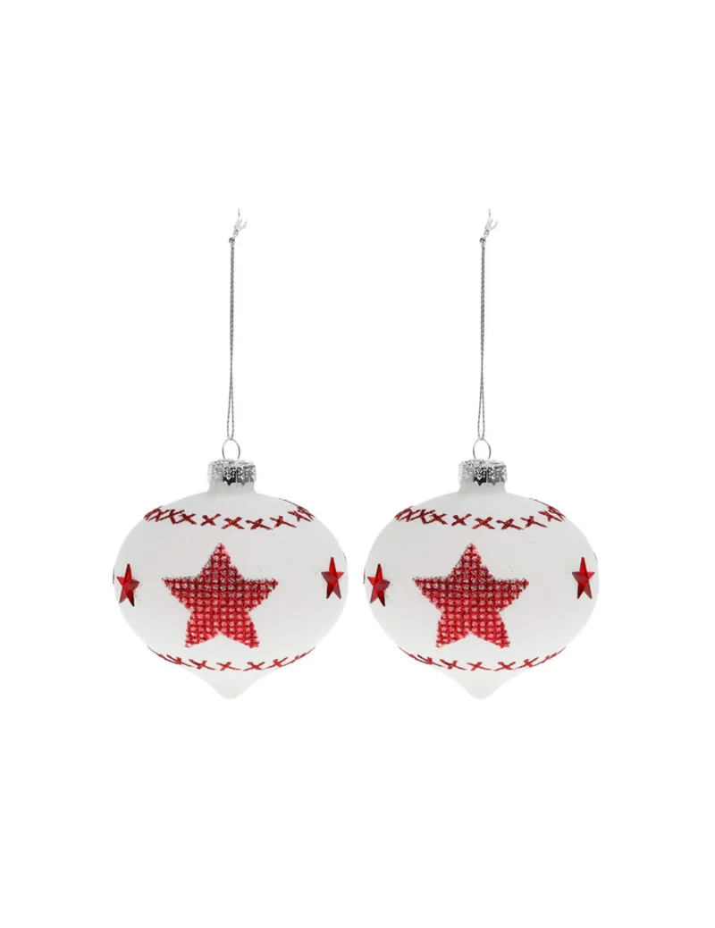 2 weiße Glas Christbaumkugeln mit roten Sternen 8 cm