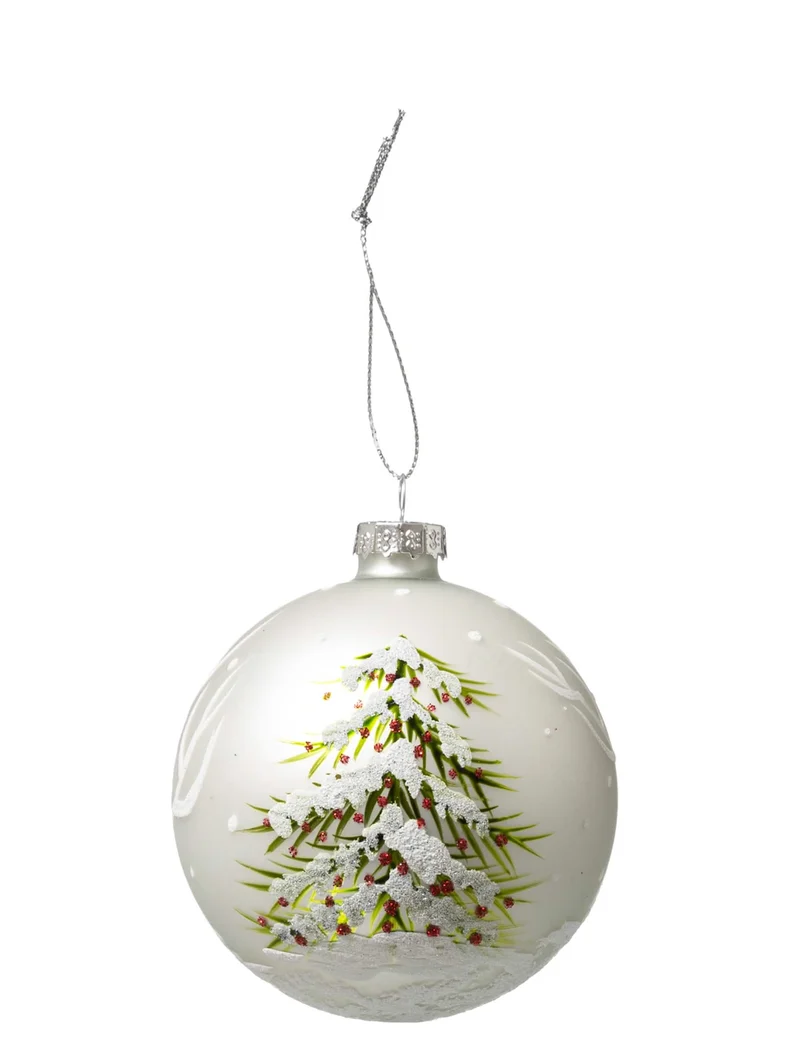 Weihnachtsbaumkugel aus Glas, Tannenbaum-Motiv, 8 cm, weiß glitzernd