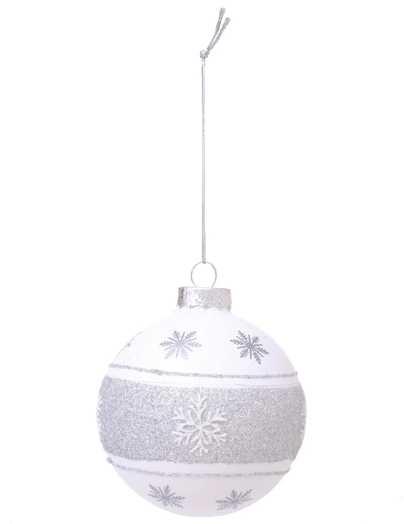 Weihnachtskugel aus Glas, silberne Schneeflocke, 7 cm, weiß