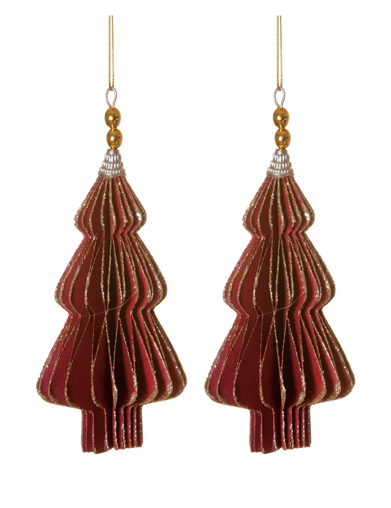 2 rote Origami-Tannenbaum-Anhänger 13 cm mit goldenen Rändern