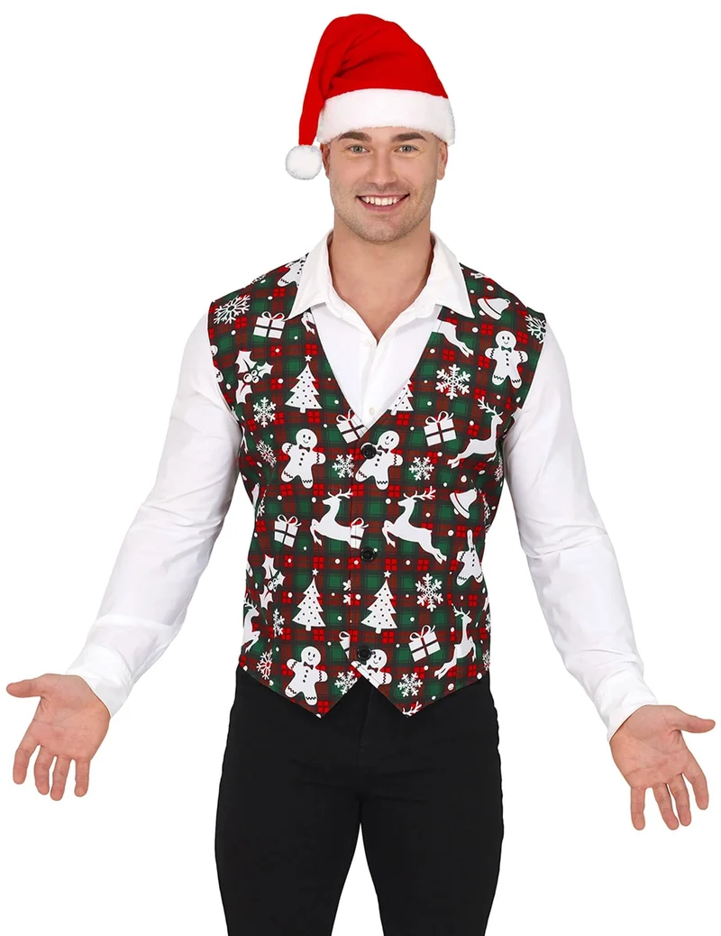 Weihnachtsweste mit Schottenmuster und Weihnachtsmotiven für Erwachsene