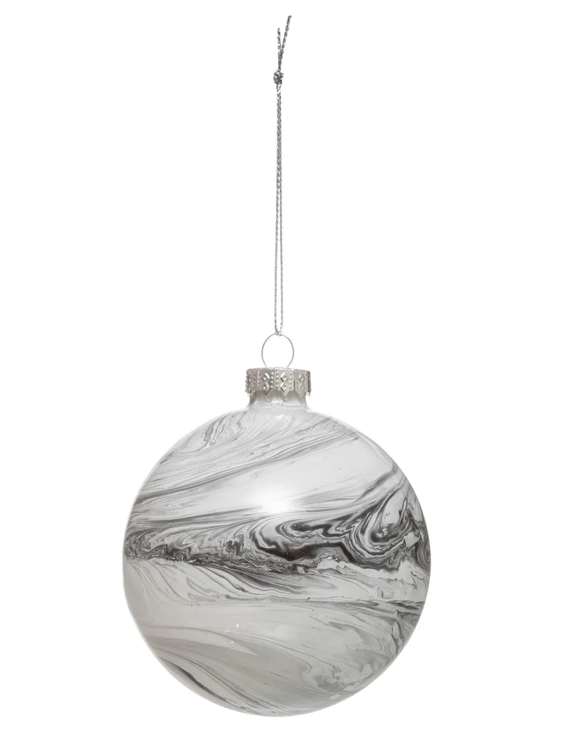 Weihnachtsglaskugel in Marmoroptik 8 cm grau und weiß
