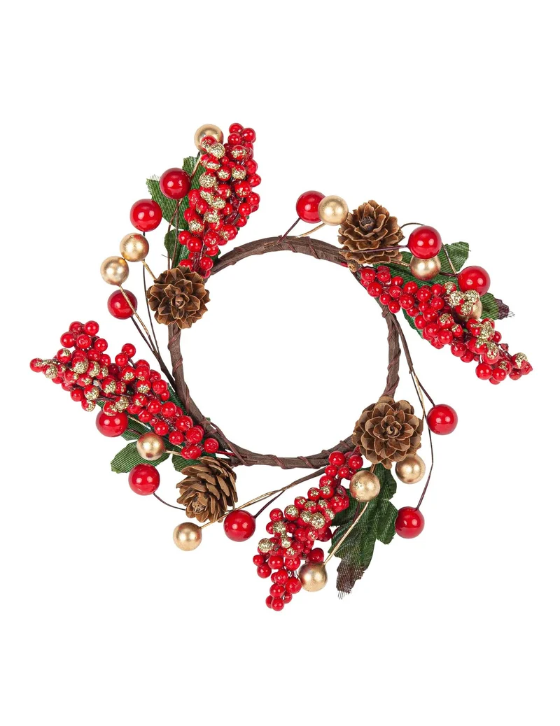 Roter und goldener Beerenkranz 15 cm mit Tannenzapfen