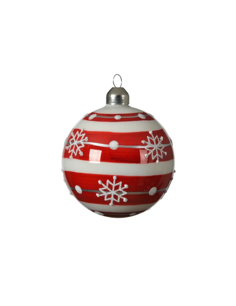 3 gestreifte rot-weiße Weihnachtsbaumkugeln aus Glas mit Schneeflocken, 8 cm