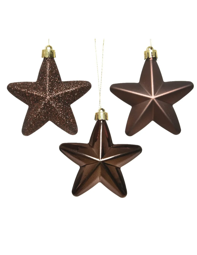 6 Schokoladensterne Weihnachtsbaumschmuck 7,5 cm glitzernd und matt