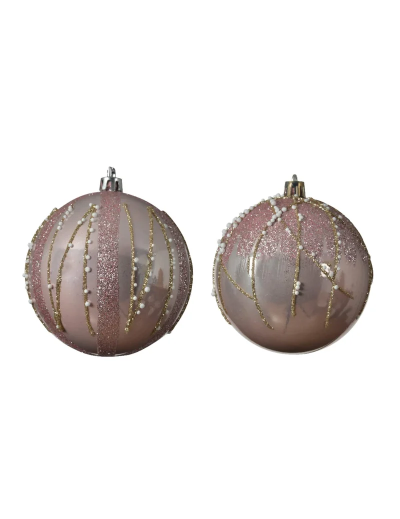 4 Weihnachtsbaumkugeln Glitzer Roségold 8 cm mit Perlen
