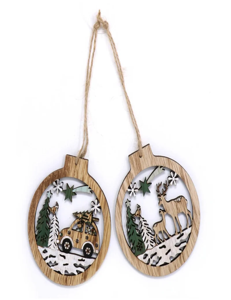 2 Holzanhänger verschneiter Walddekor 10 cm für Weihnachtsbaum