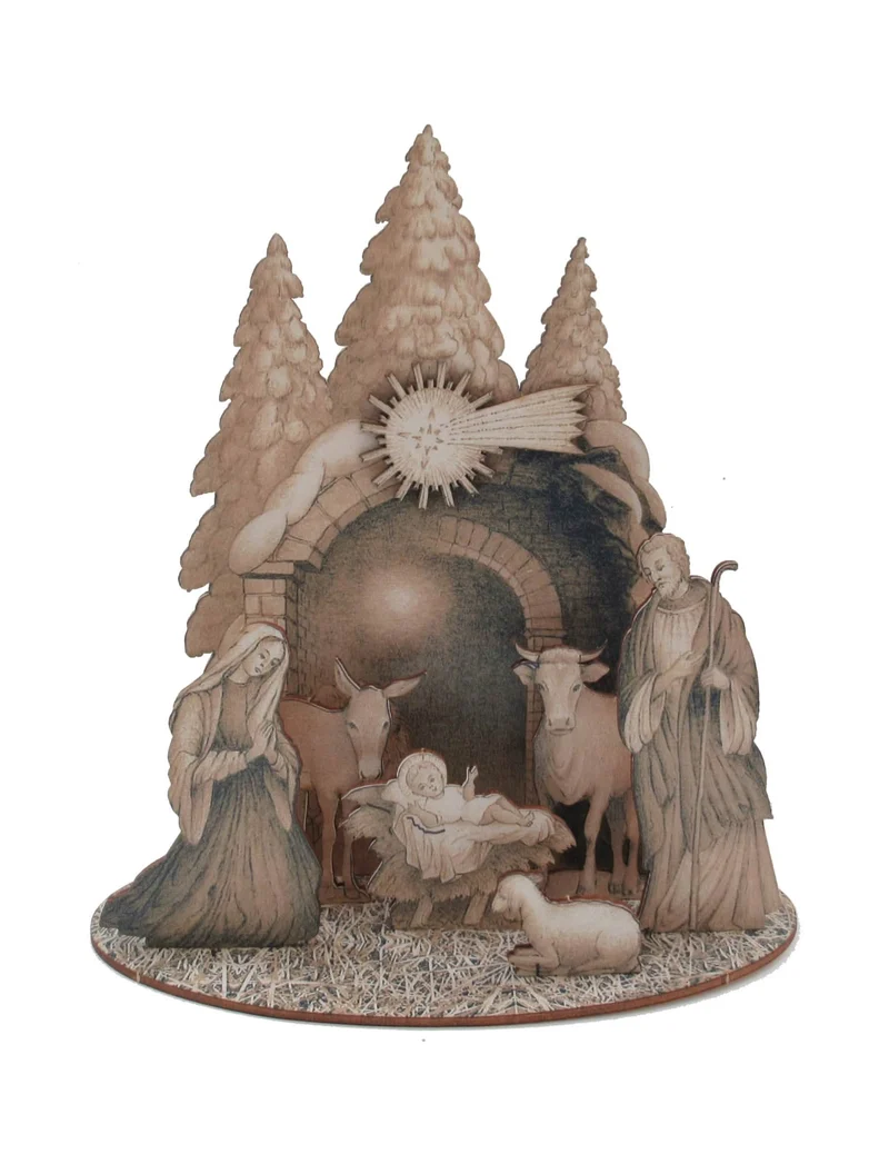 Traditionelle hölzerne Weihnachtskrippe mit Figuren zum Zusammenbauen 20 x 22 cm