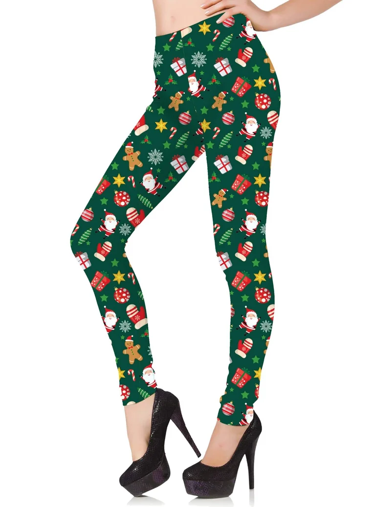 Grüne Leggings mit Weihnachtsmotiven für Damen