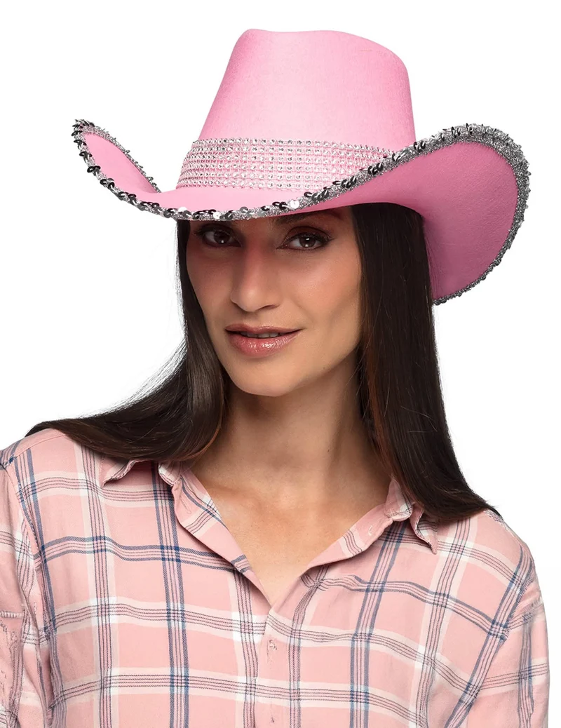 Hellrosa Cowboyhut mit Strass für Erwachsene