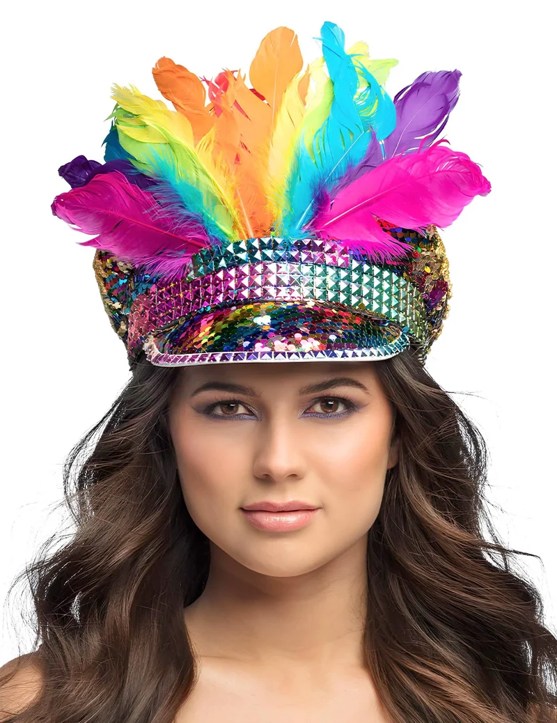 Regenbogen-Kappe mit Pailletten und Federn für Erwachsene