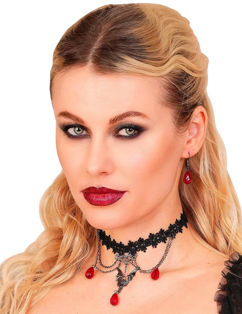 Gothic Schmuckset mit Kette und Ohrringen rot-schwarz
