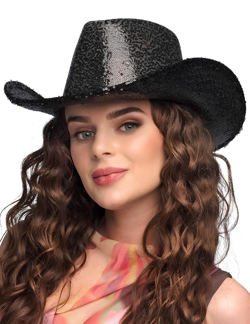 Schwarzer Cowboyhut mit Pailletten für Erwachsene