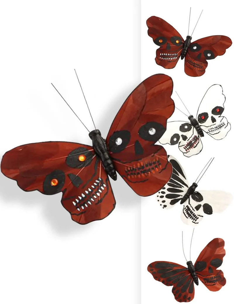 4x Schmetterlinge mit Totenkopf-Motiv, 13 x 10 cm