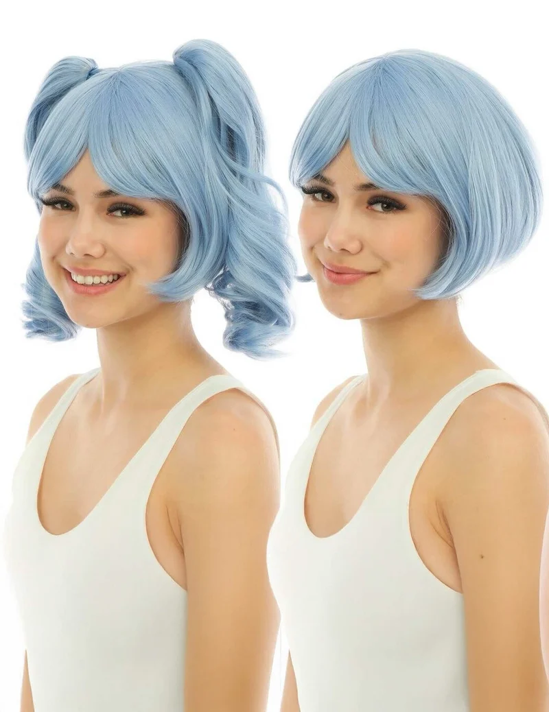 Manga-Perücke mit abnehmbaren Zöpfen Luxus pastellblau
