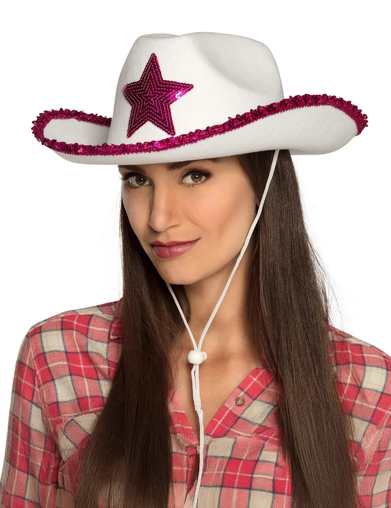 Cowboyhut mit pinkem Paillettenstern weiß